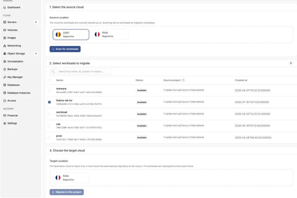 Select the Source Cloud